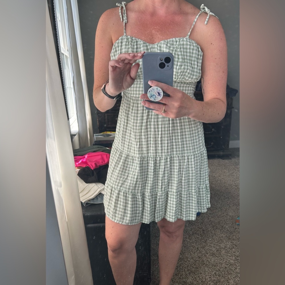 Green and white gingham dress